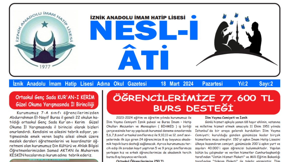 Okul Gazetemiz NESL-İ ATİ 2.Sayısı ile Yayında