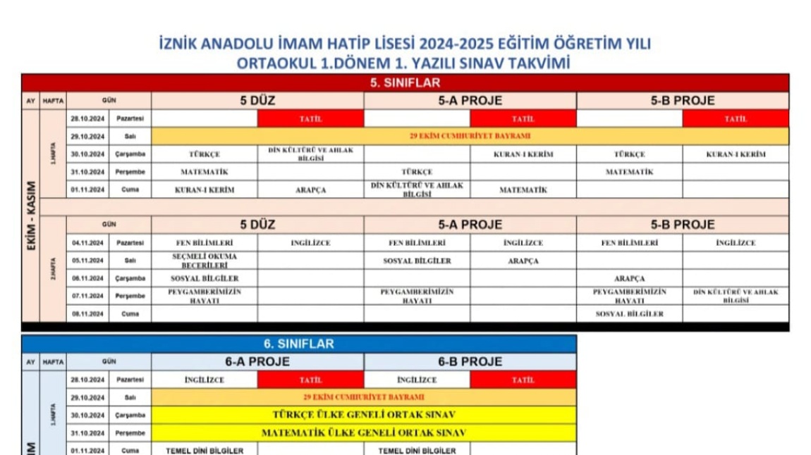 Ortaokul Kademesi 1.Dönem 1.Sınav Tarihleri 